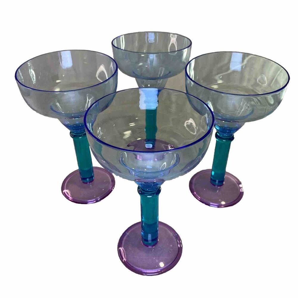 4 Acrylic Margarita‎ Cocktail Glasses Stemmed Tropical 90s Blue Teal Purple VTG